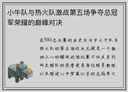 小牛队与热火队激战第五场争夺总冠军荣耀的巅峰对决